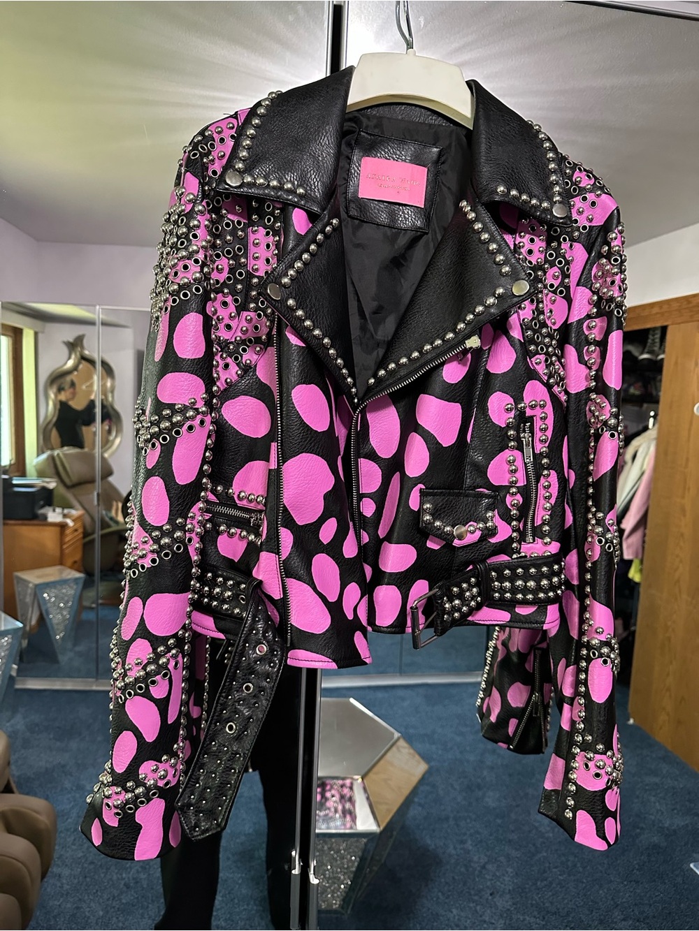 Azela Wang Studded Pink & Black Leather Motorcycle Jacket - Women S - Picture 13 of 13